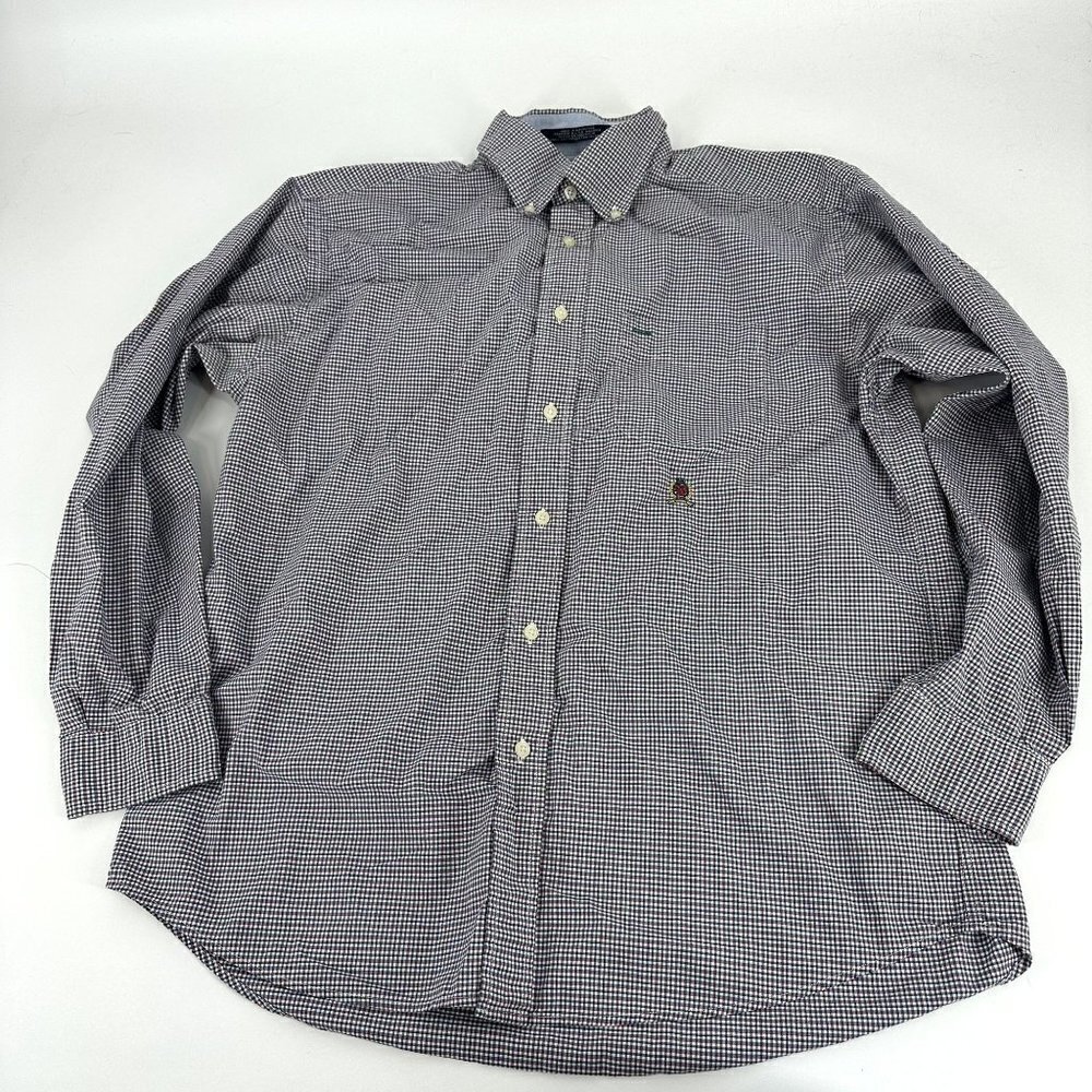 * Tommy Hilfiger Button Down Gingham Plaid Embroidered Emblem Mens Size M